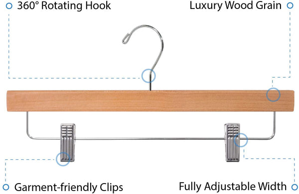 Classic Wood Bar Pants/Skirt Hanger with Adjustable Clips