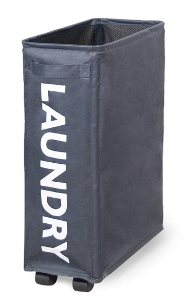 Slim Collapsible Laundry Hamper with Lockable Wheels, and Mesh Drawstring Closure