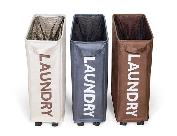 Slim Collapsible Laundry Hamper with Lockable Wheels, and Mesh Drawstring Closure