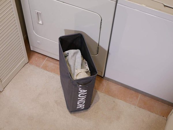 Slim Collapsible Laundry Hamper with Lockable Wheels, and Mesh Drawstring Closure