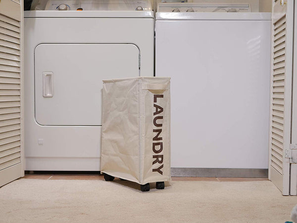 Slim Collapsible Laundry Hamper with Lockable Wheels, and Mesh Drawstring Closure